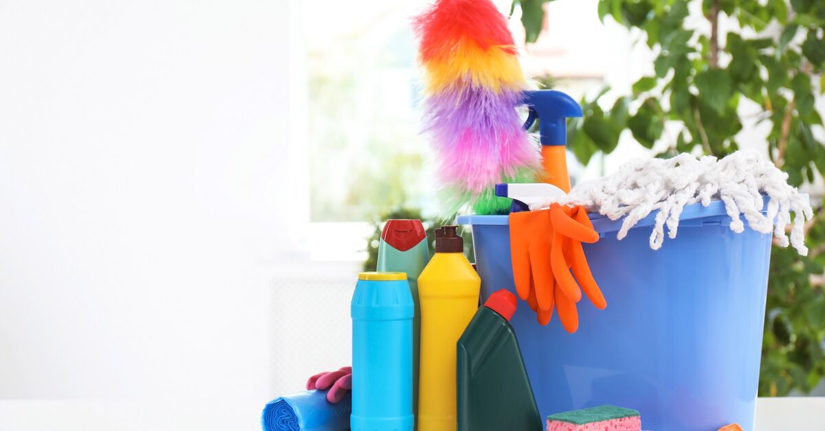 Cleaning supplies laid out from above