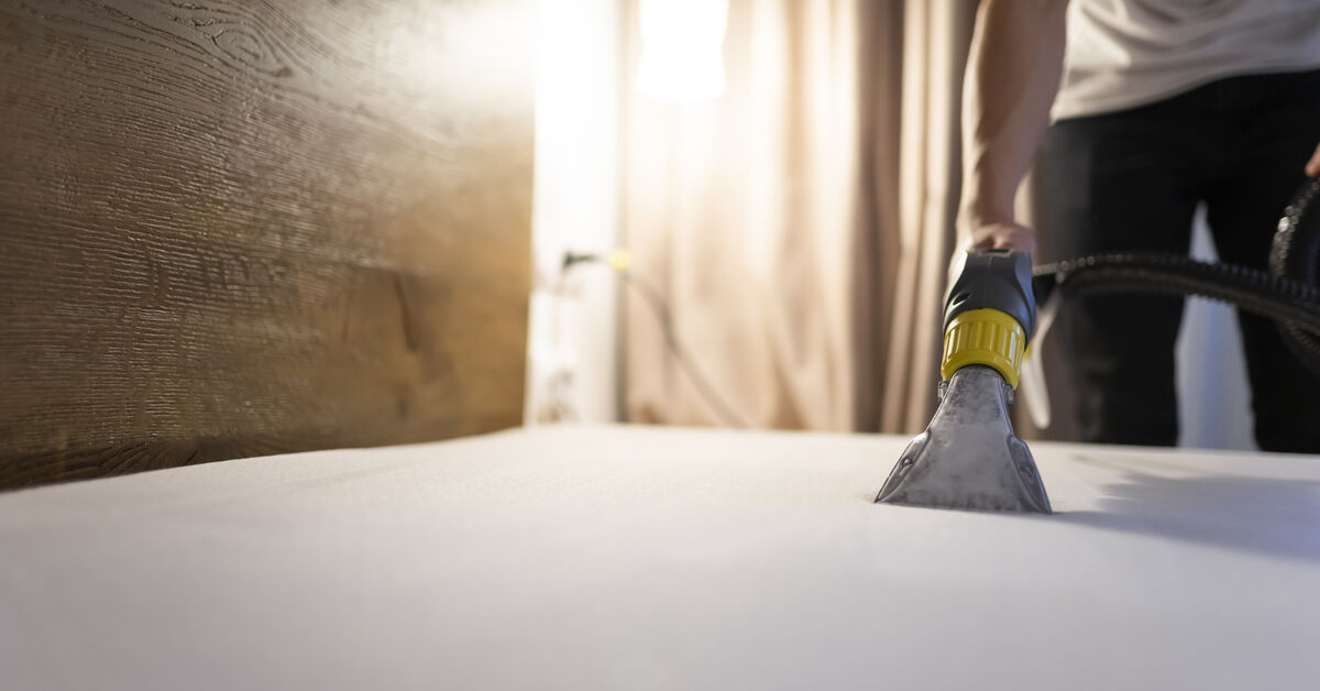 Upholstery cleaning machine next to bed