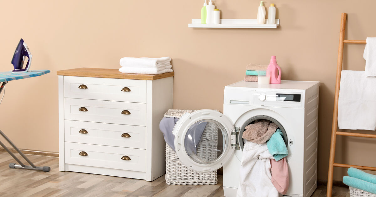Top-loading washing machine in laundry room
